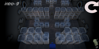 Screenshot waar je van bovenaf in een donkere kamer kijkt met heel veel rijen van transparante pilaren en de ninja in het midden